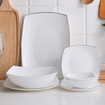 Opal Glassware餐宝纯白描边尖方形碗盘 白玉瓷碗 汤碗面碗沙拉碗 