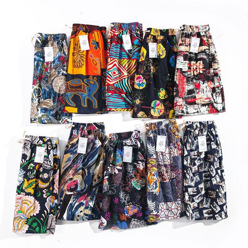 Summer Leisure Cotton Hemp Beach Pants Five Quarter Pants Famous Style Print Loose Large Size Men's Shorts Home Pants details Picture