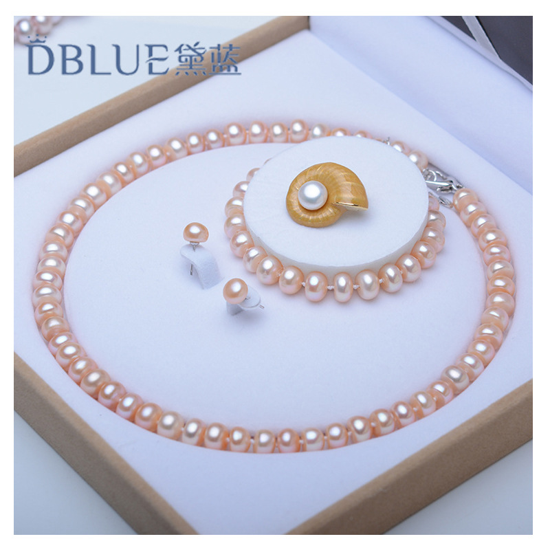 Blue freshwater pearl necklace set almost no time pearl Mother's Day send mother elder send brooch gift box Item Picture