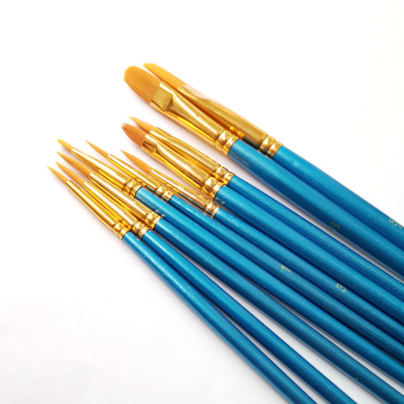 跨境厂家直销10支尼龙画笔套装尖头圆头绘画含勾线笔蓝色油画笔详情图3