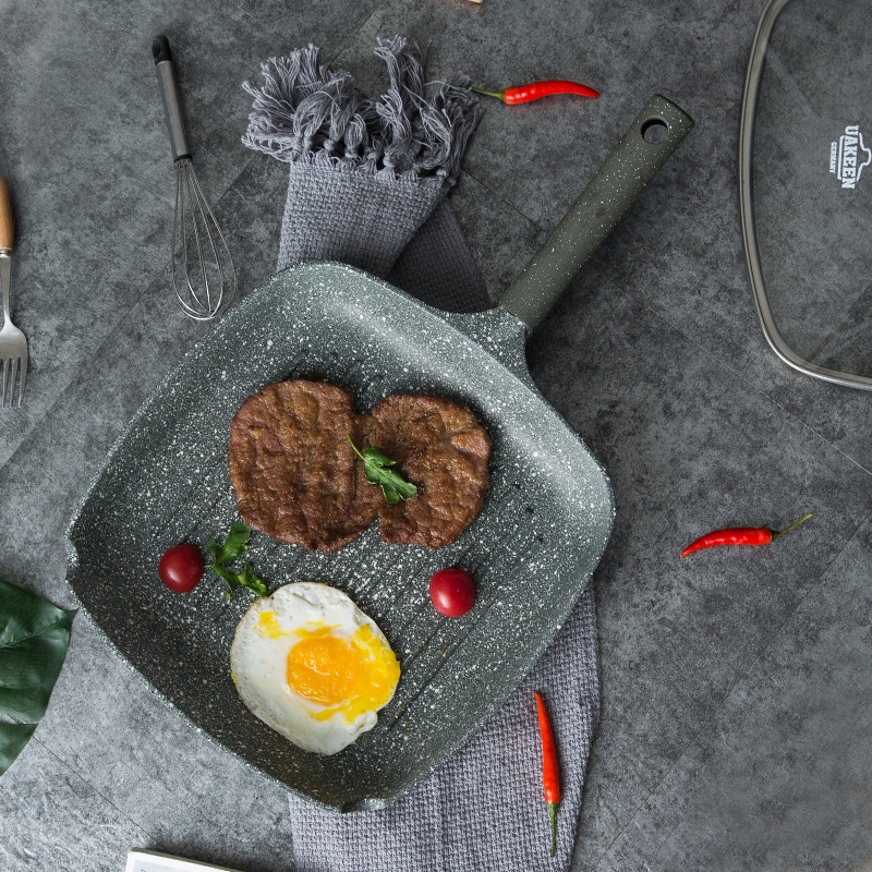 Factory direct sales of tourmaline non-stick steak frying pan, square striped flat non-stick frying pan, gas induction cooker, universal details Picture