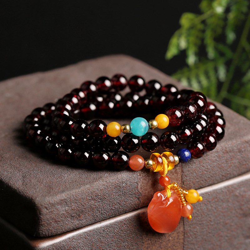 Natural garnet bracelet 7mm three-circle wine red women's garnet bracelet, Buddhist prayer bead bracelet, multi-circle crystal bracelet details Picture