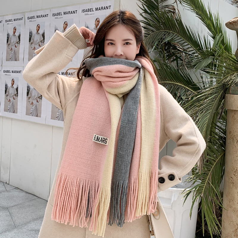 Two-Color Splicing Scarf 2022 Autumn Winter Korean Version Of The New Imitation Cashmere Fringe Warm Men Matching Color Bib Women details Picture