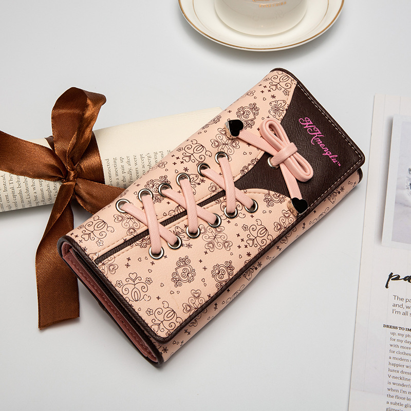 2021 new Korean women's purse pu long three-fold printed money clip cute bow mobile wallet