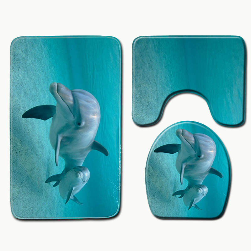 海豚海洋3d风格浴室地垫套装防滑脚垫跨境热销货源代发图案图