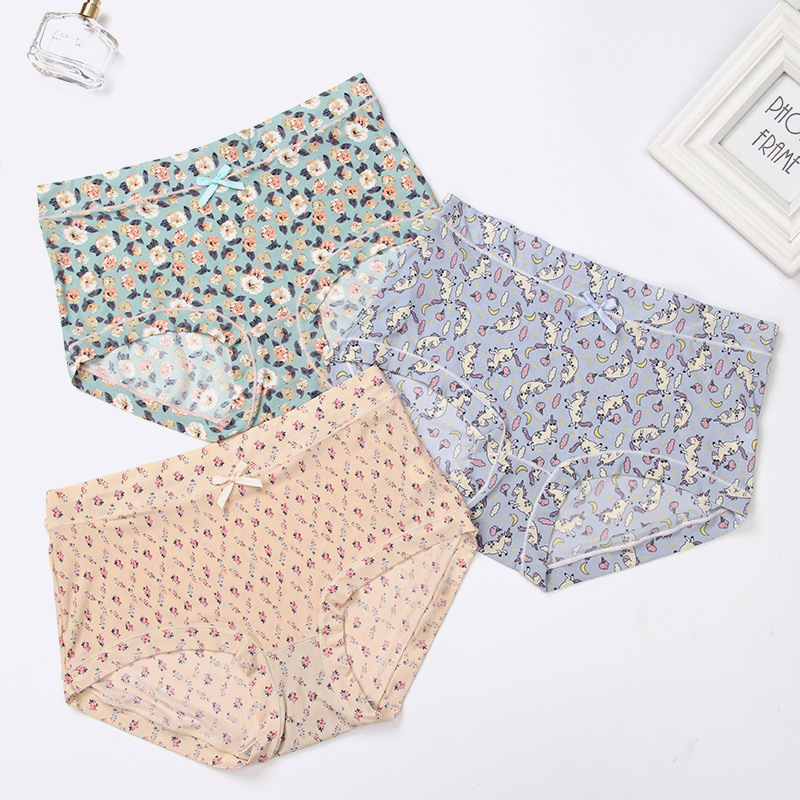 Hip-lifting women's underwear, high-waisted breathable triangle pants, plus-size printed summer women's ice silk underwear, cotton details Picture