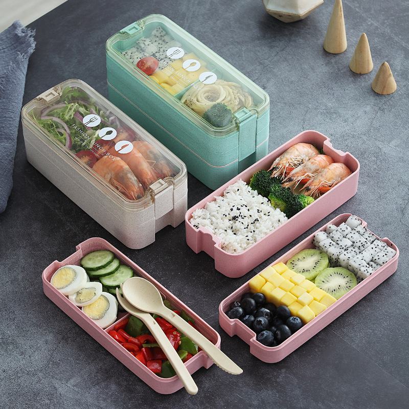 网红INS小麦秸秆三层饭盒带餐具便当盒微波炉便携午餐盒lunchbox