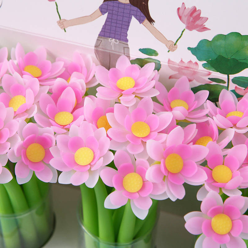 粉色荷花造型学生中性笔 花朵笔杆书写工具 办公书写文具笔批发