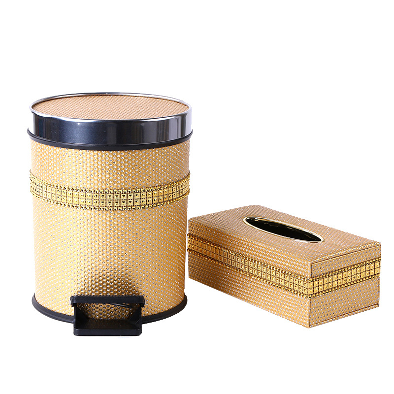 Treadle Trash Can Tissue Box Two-Piece Set Living Room Round Storage Bedroom Kitchen Stainless Steel Household Trash Can Item Picture