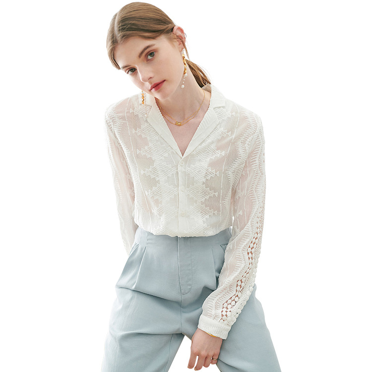 White shirt for women, 2021 new summer Korean style, trendy loose, patchwork, cut-out, comfortable and breathable long-sleeved shirt Item Picture