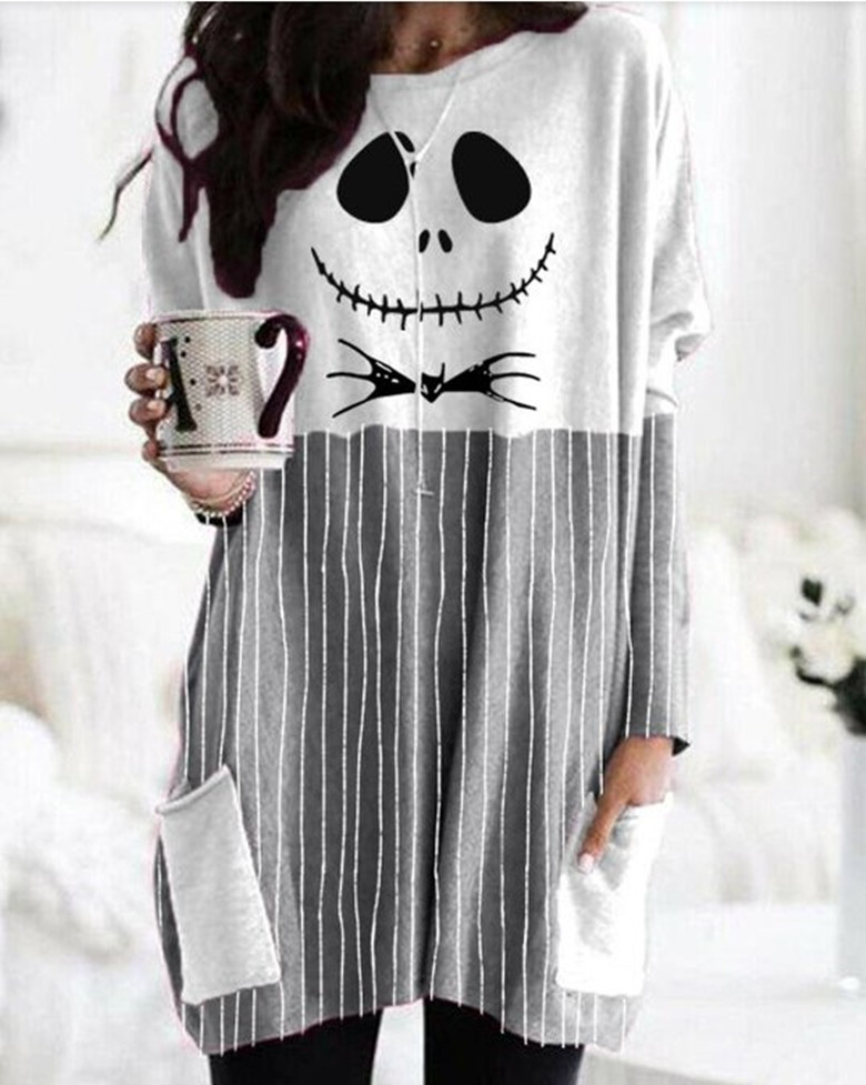 2022 Cross-border European and American Independent Station Women's Halloween Pumpkin Face Check Printed Pocket T-shirt Specification image