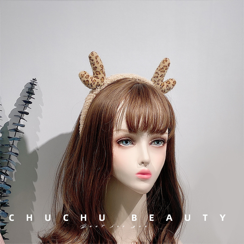 Cute Leopard Print Antler Headband Female Face Wash Headband Internet Red Christmas Hair Carson Tie Korean Headdress Hair Accessories details Picture