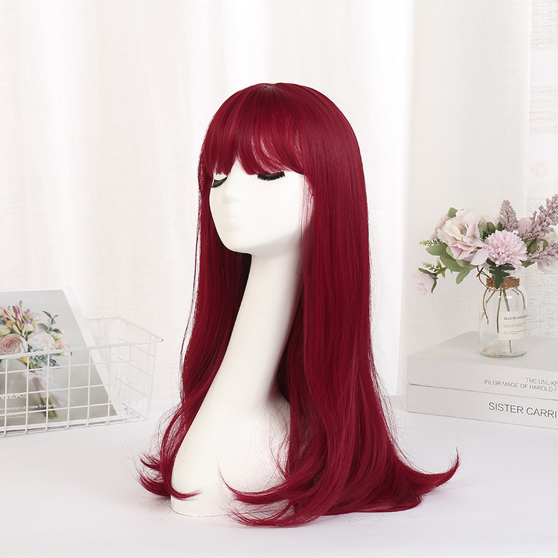 New wine red women's wig with straight bangs, cosplay real photos, long holiday hair cover wholesale details Picture