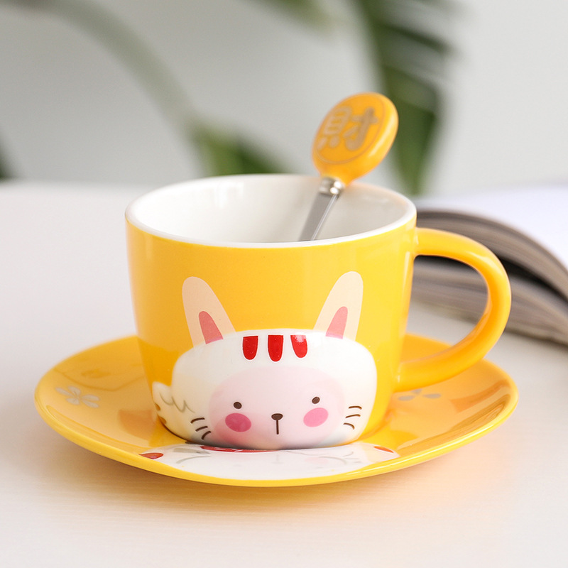 浮雕动物招财猫咖啡杯碟卡通创意陶瓷马克杯水杯办公商务搅拌杯子图