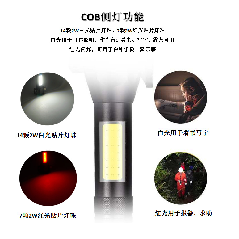 T6强光手电筒 户外COB灯 安全锤  LED带割刀USB充电 红光工作灯详情图2