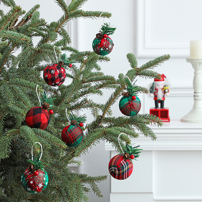 圣诞吊球新品圣诞球挂件5CM红绿麻布包粘松针叶圣诞球盒装吊球装饰品详情图2