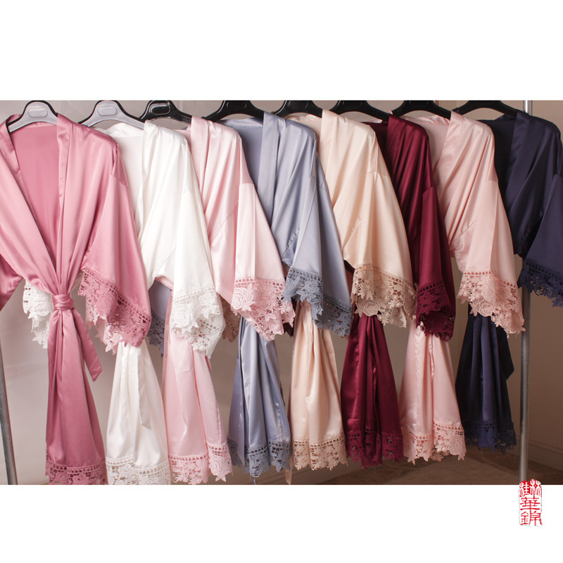 Cross-border wedding morning run Lace matte stretch bathrobe, matte satin lace bathrobe A900A XXXL details Picture