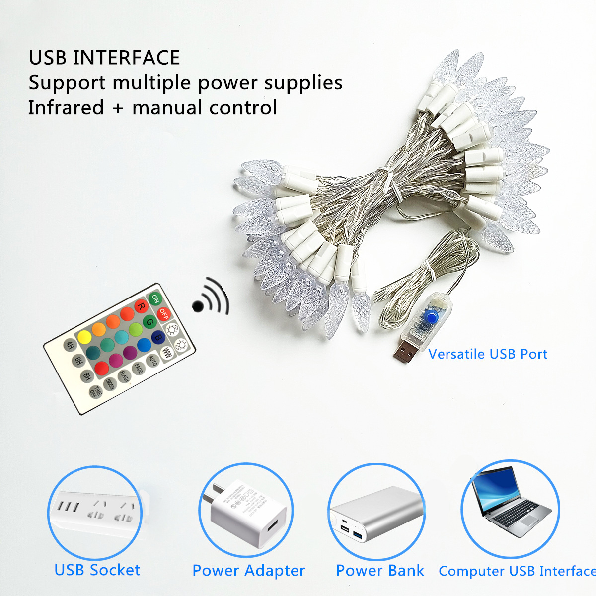 Cross-border new 16-color remote control LED strawberry light, RGB seven-color USB light string, festival wedding decoration, C6 color light Specification image