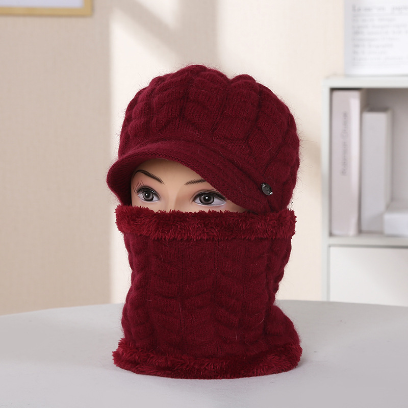 Middle-Aged And Elderly Autumn And Winter Warm Cashmere Two-Piece Set Of Women's Duck Tongue Rabbit Hair Knitted Hat Ear Strap Bib Manufacturers Wholesale details Picture