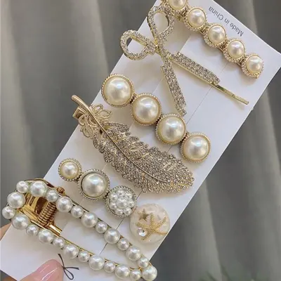 Dongdaemun small fragrant wind scissors hair clip feather 6 sets of hair clip pearl duck beak clip one word clip side clip thumbnail