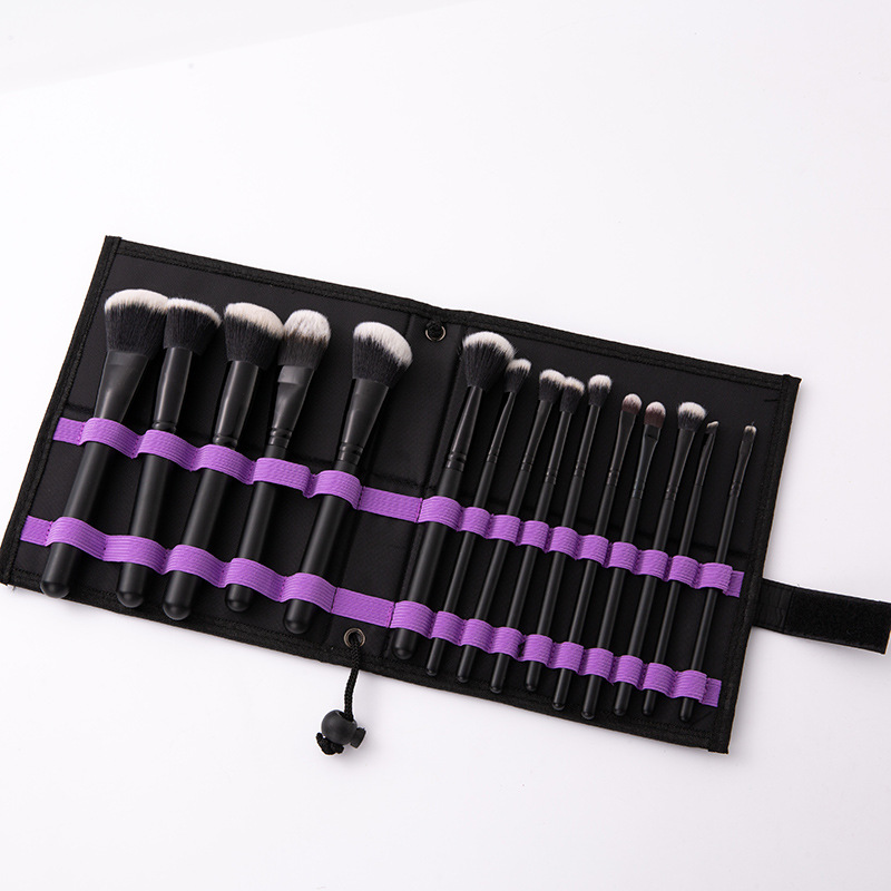 新款紫黑色15支装化妆刷套装带包 便携式腮红刷美妆工具厂家批发