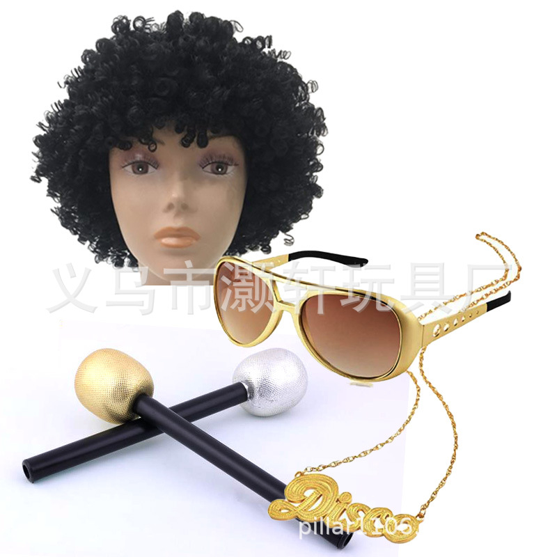 5060's Disco gold plated necklace Wig microphone Elvis Glasses set Cosplay holiday era dress up Item Picture