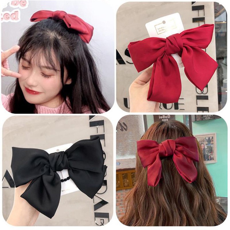 Oversized Black Bow Hair Clip Japanese Satin Red Hair Clip Back Head Spring Clip Headdress For Adults And Children