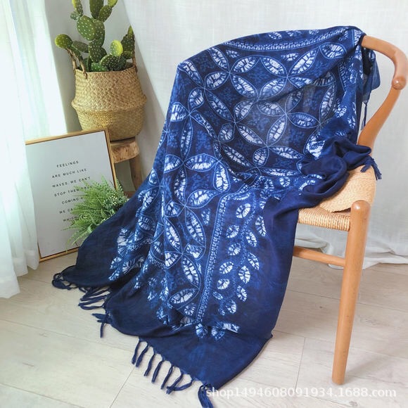 Women's Long Scarf New Tie-Dye Navy Blue Gauze Scarf Gradient National Style Cape Vintage Print Dazzling Color Scarf