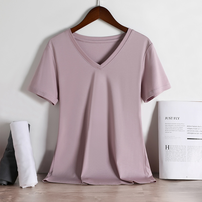 Double-sided 80-count mercerized cotton white short-sleeved T-shirt for women, loose round V-neck pure cotton T-shirt, versatile base layer for summer 2022 details Picture