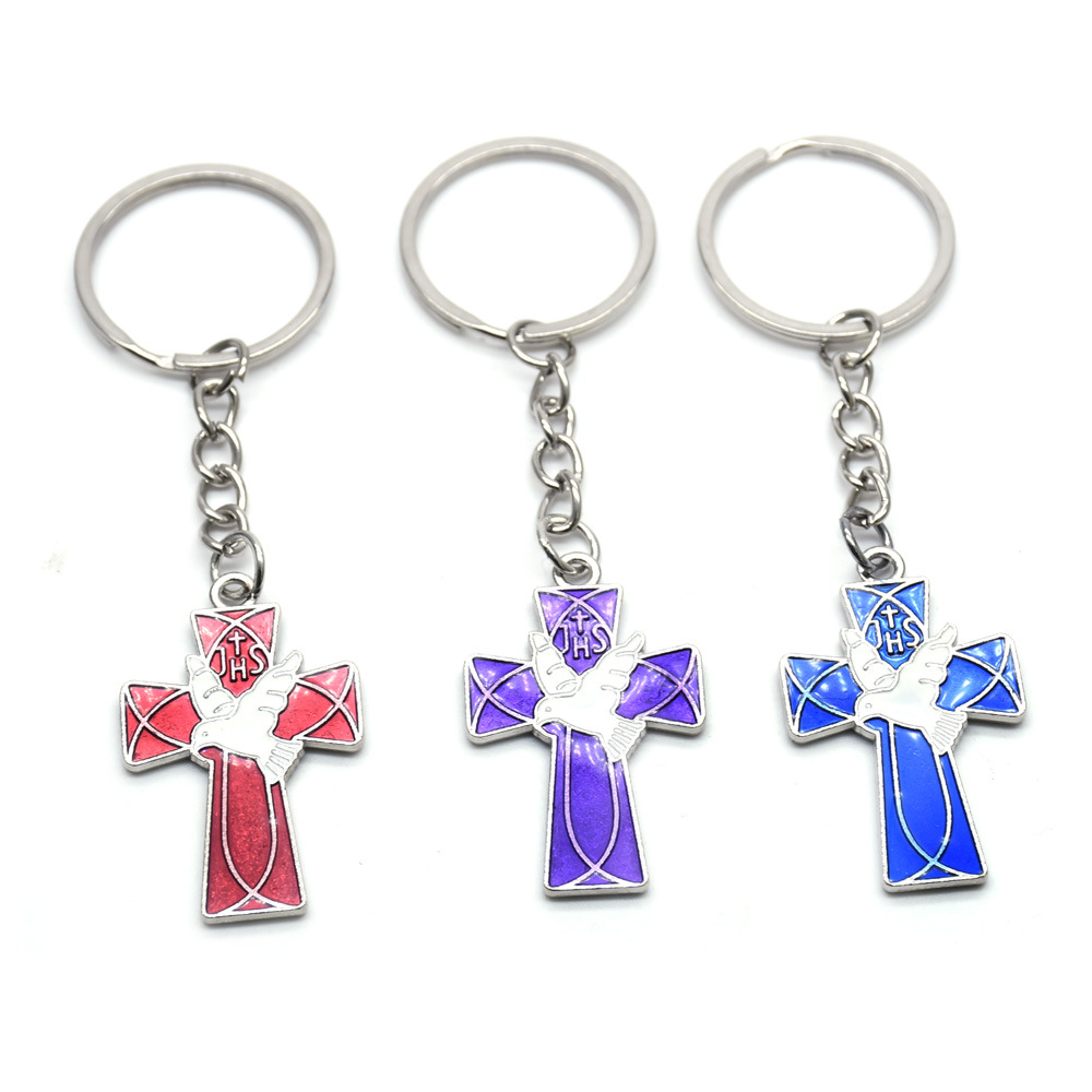 Colorful oil-dripping peace doves, cross keychains, bags, pendants, rings, foreign trade accessories, gifts and promotional items, cross-border European