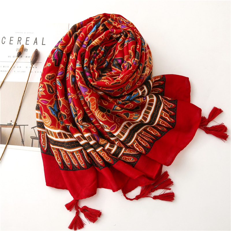 Ethnic Wind Cotton And Hemp Scarf Shawl Yunnan Grassland Bohemian Travel With Silk Scarf Travel Shot Red Scarf Item Picture