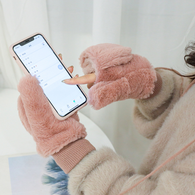 The Korean version of the winter flip-top gloves for students, with added fleece and thickened warmth, and a neckband for cycling women, is a fashionable trend details Picture