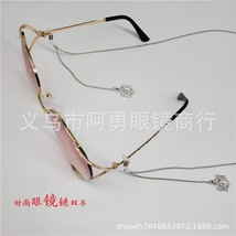 眼镜绳 挂脖 时尚简约 银K色 钻石花朵 双吊坠链条 墨镜配 眼镜链