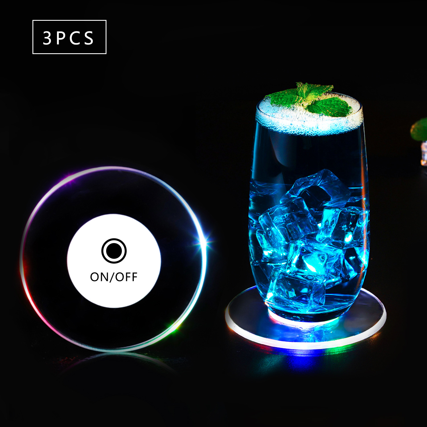 Wholesale led illuminated coasters, acrylic transparent illuminated coasters, cocktail bar three-color light illuminated water coasters