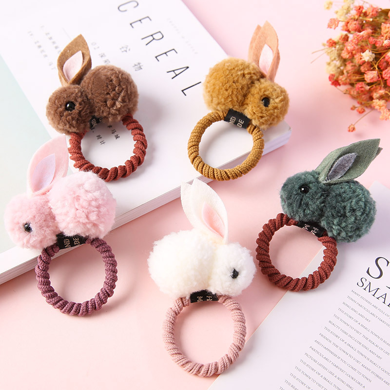 Korean version of cute pom-pom rabbit hair bands, hair bands, children's hair ties, cartoon plush hair ties, women's rubber bands, hair clips and headwear details Picture
