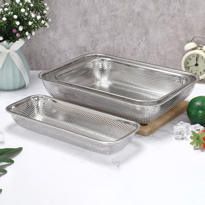 Thickened stainless steel drain basket punching basket Rectangular washing net basket basin Application Scenario