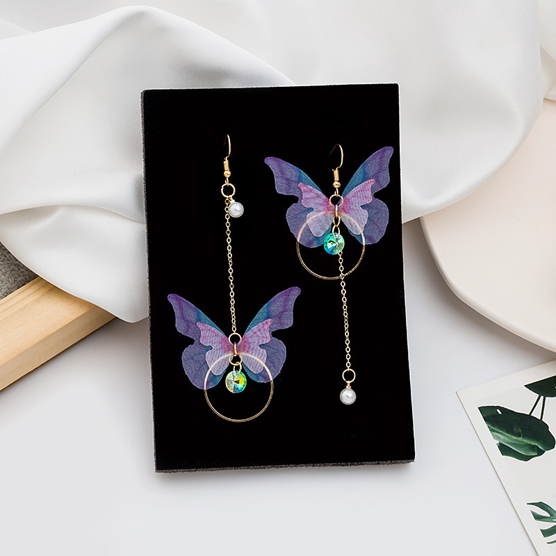 Korean Asymmetrical Butterfly Circle Pearl Niche Earrings Temperament Long Short Fringed Zircon All-Matching Earrings Specification drawing