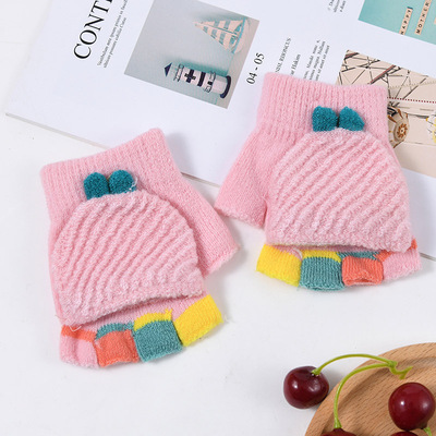 Autumn and winter children's flip-top knitted gloves, half finger for both boys and girls, cute and warm, with exposed fingers for kids and students wholesale