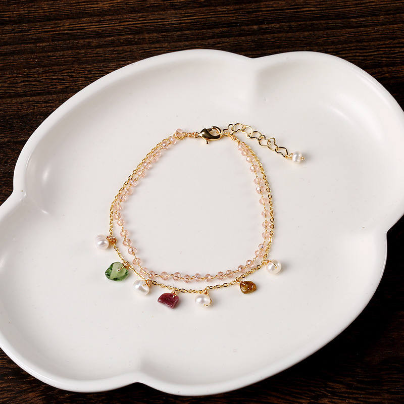 Rainbow Micro Light Simple Series 14k gold-plated Jewelry, fashionable women's Natural tourmaline Pearl Zircon Double Layer bracelet details Picture