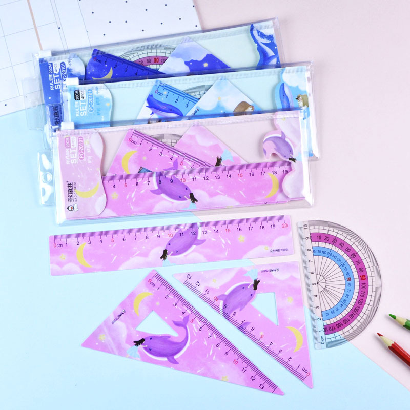 Manufacturers direct wholesale wholesale student color set ruler 20cm ruler set plastic learning ruler full figure