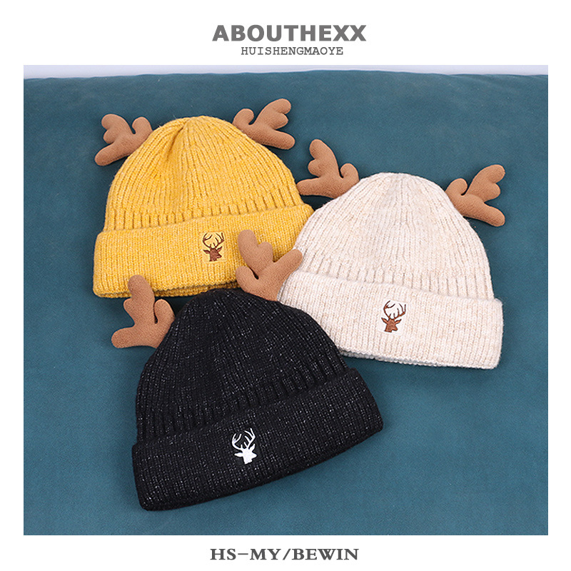 ABOUTHEXX women's autumn and winter Korean-style cute antler knitted hat with fleece lining for warmth and ear-protecting wool