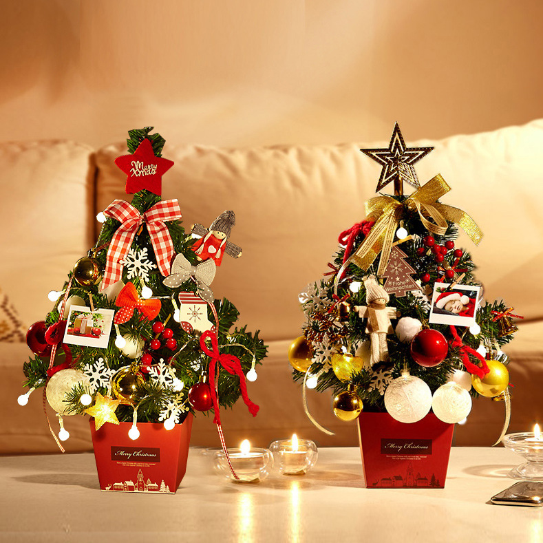 圣诞节迷你小圣诞树摆件带灯50cm桌面圣诞树金色红色套装聖誕樹
