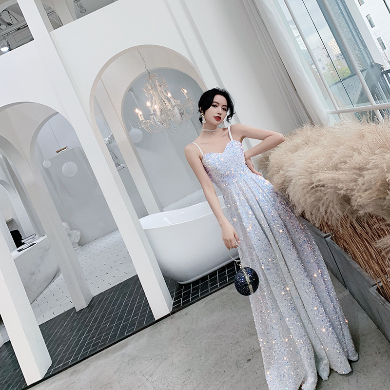 白色超仙气质长款生日礼服裙女2022年新款吊带亮片派对宴会连衣裙