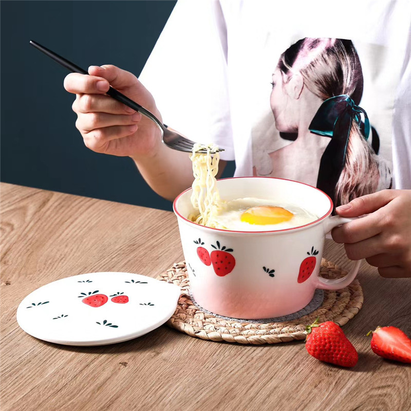 创意日式手绘陶瓷泡面碗带盖带把大容量学生泡面杯便当碗饭碗代发详情图2