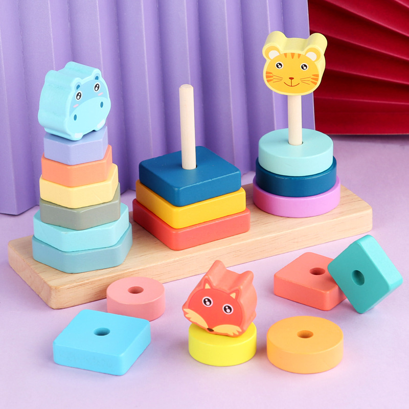 Children's wooden toys, baby recognition of animal shapes, matching columns, boys' and girls' intelligence and early education building blocks