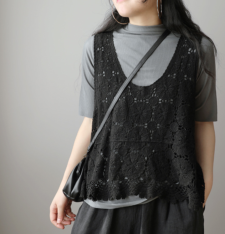 Spring New Cotton Thread Hook Flower Hollowed Out Small Vest Female Retro Art Loose Sleeveless Small Vest 3444 details Picture