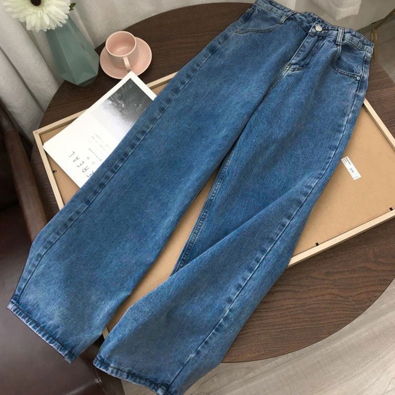 Straight-leg high-waisted jeans for female students, 2022 new Korean style loose retro wide-leg bf Hyuna style floor-length pants trend details Picture