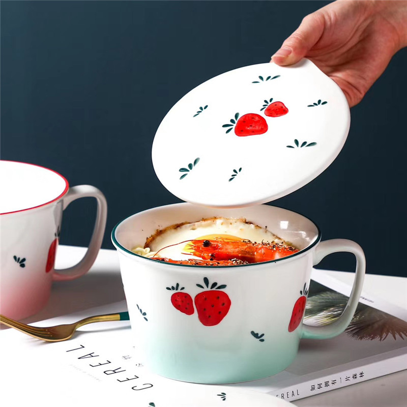 创意日式手绘陶瓷泡面碗带盖带把大容量学生泡面杯便当碗饭碗代发详情图1