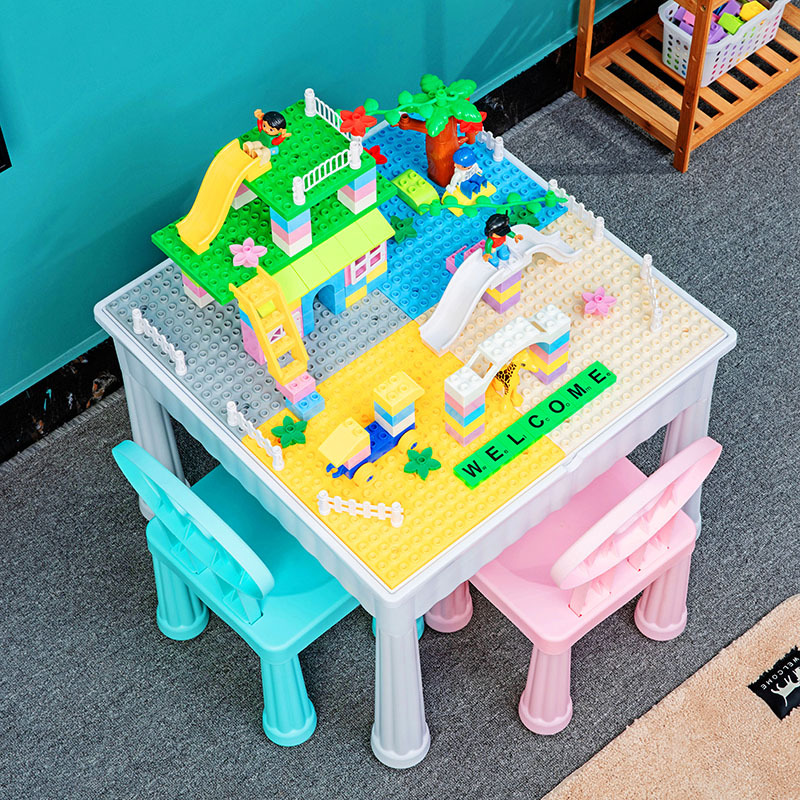 多功能儿童益智学习游戏积木桌玩具兼容积木桌椅一桌两椅厂家批发图