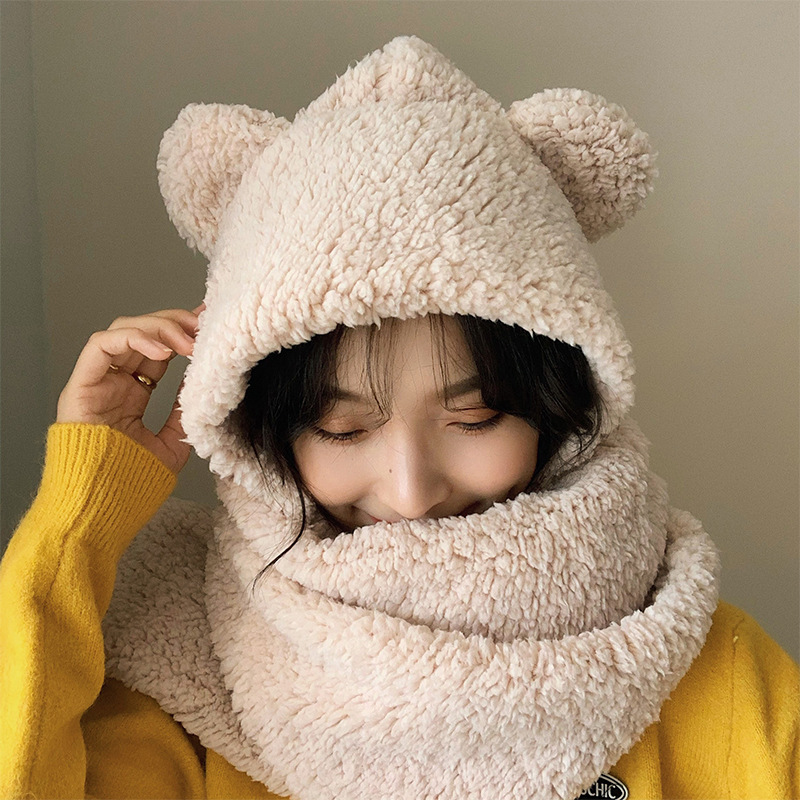 Peluche oso orejas sombrero bufanda una mujer otoño invierno versión coreana versátil sistema de día dulce lindo invierno mantener caliente Specification image